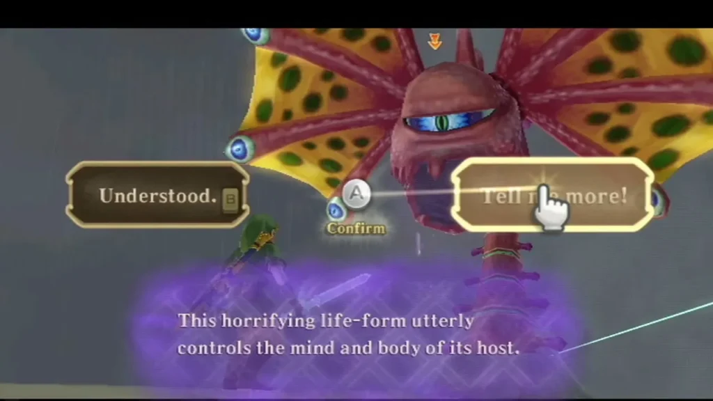 A text box says the horrifying life-form controls its host, while the red parasite Bilocyte hangs above Link. A text box says the horrifying life-form controls its host, while the red parasite Bilocyte hangs above Link.
