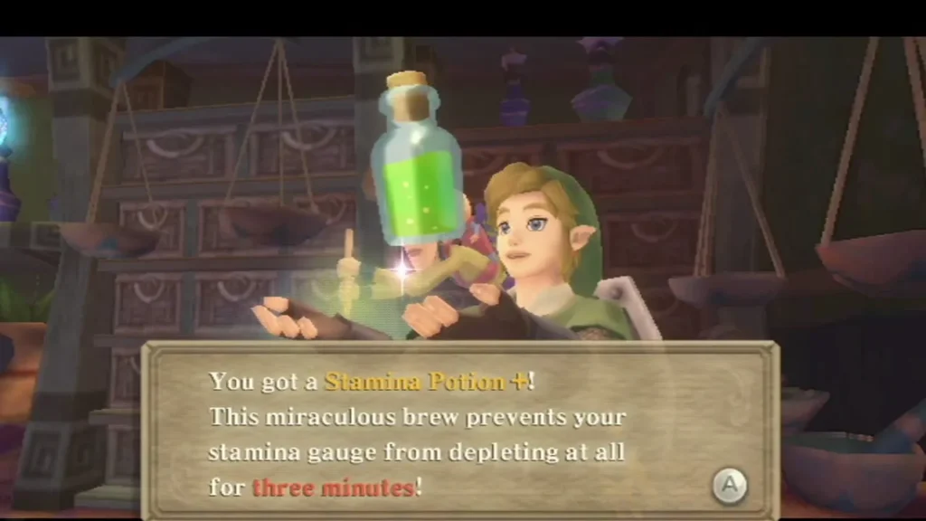 Link holds up a Stamina Potion+ in the potion shop, and the box says it stops stamina from depleting. Link holds up a Stamina Potion+ in the potion shop, and the box says it stops stamina from depleting.