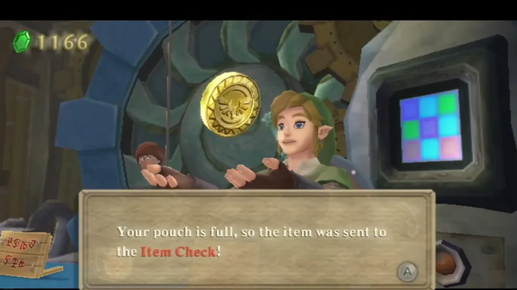 A box says Link's pouch is full, so the item he just got was sent to the Item Check. A box says Link's pouch is full, so the item he just got was sent to the Item Check.