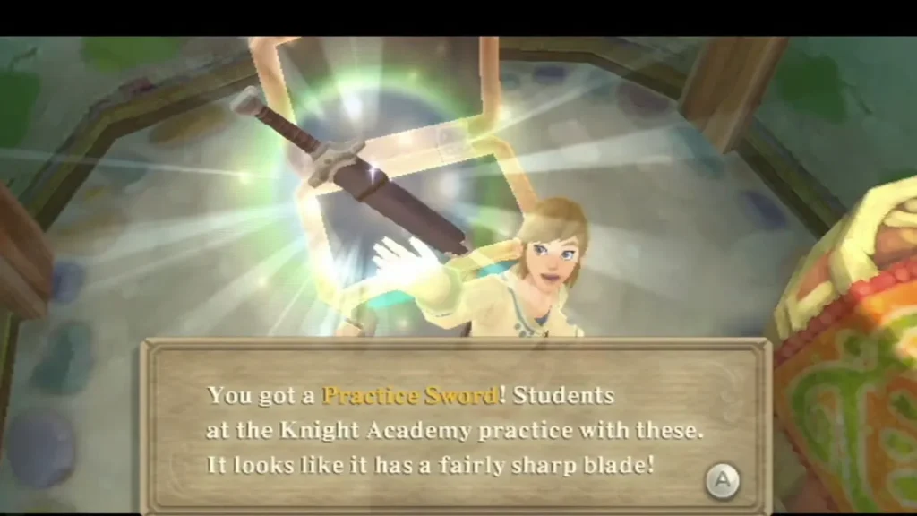 Link holds up the Practice Sword from a chest, and the box says it has a fairly sharp blade! Link holds up the Practice Sword from a chest, and the box says it has a fairly sharp blade!