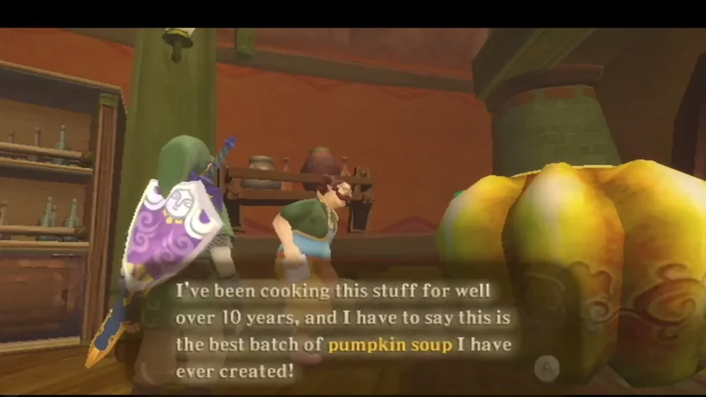 Pumm in the Lumpy Pumpkin kitchen beside a giant pot, a box praising his pumpkin soup. Pumm in the Lumpy Pumpkin kitchen beside a giant pot, a box praising his pumpkin soup.