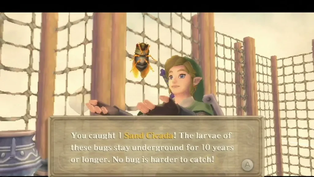 Link holds a caught Sand Cicada in the bug-catching field; the box says its larvae stay underground ten years. Link holds a caught Sand Cicada in the bug-catching field; the box says its larvae stay underground ten years.