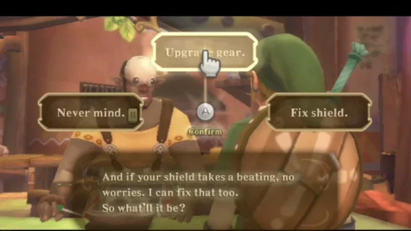 At the Scrap Shop, Gondo offers to fix a shield, with Upgrade gear and Fix shield choices on screen. At the Scrap Shop, Gondo offers to fix a shield, with Upgrade gear and Fix shield choices on screen.