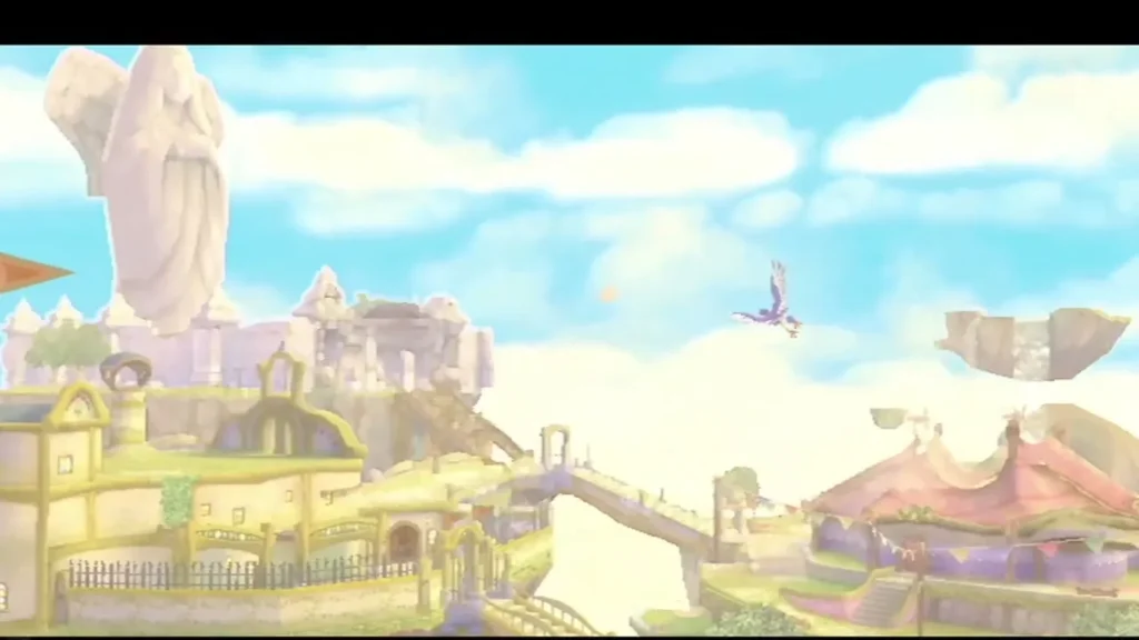 Skyloft seen from the air, with the Statue of the Goddess rising over the islands and a Loftwing flying past