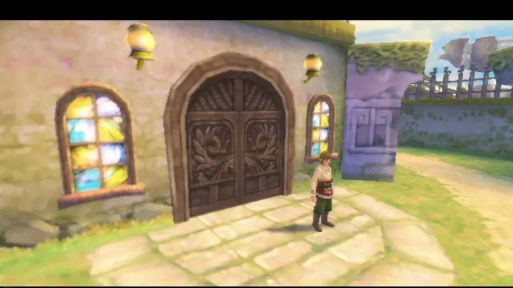Link stands at the arched wooden door of a Skyloft house with stained-glass windows and lanterns Link stands at the arched wooden door of a Skyloft house with stained-glass windows and lanterns