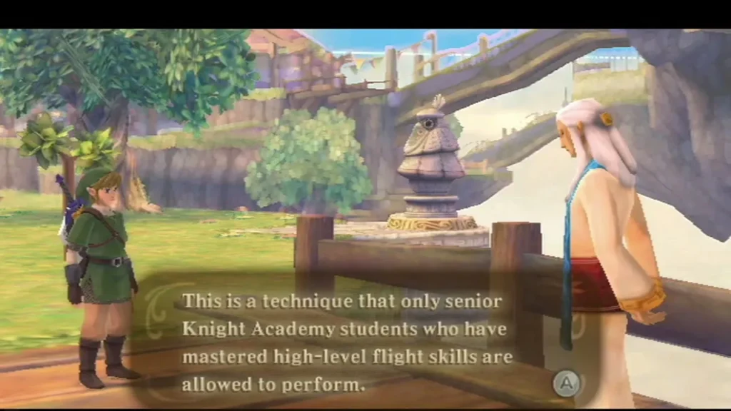 Link and Owlan stand by a wooden fence in Skyloft as a box says only senior students may use the move. Link and Owlan stand by a wooden fence in Skyloft as a box says only senior students may use the move.