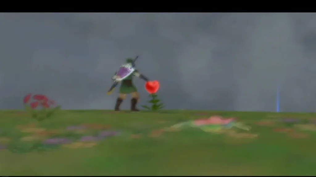 Link stands on a flower meadow in the Thunderhead under a dark storm sky, with a blue light beam at the right edge. Link stands on a flower meadow in the Thunderhead under a dark storm sky, with a blue light beam at the right edge.