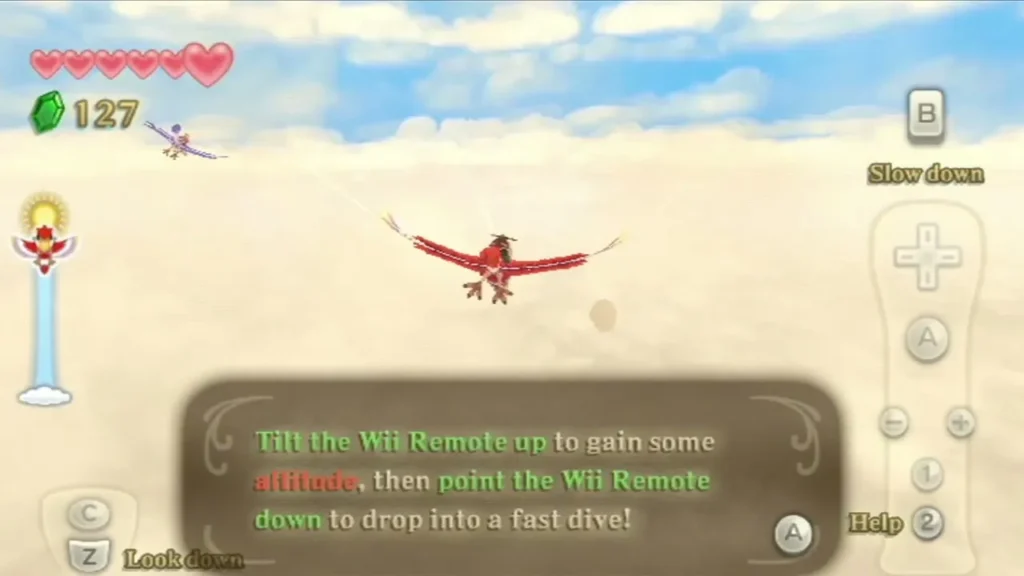 Link's red Loftwing flies above the clouds as a box says to tilt up for altitude, then point down to dive. Link's red Loftwing flies above the clouds as a box says to tilt up for altitude, then point down to dive.