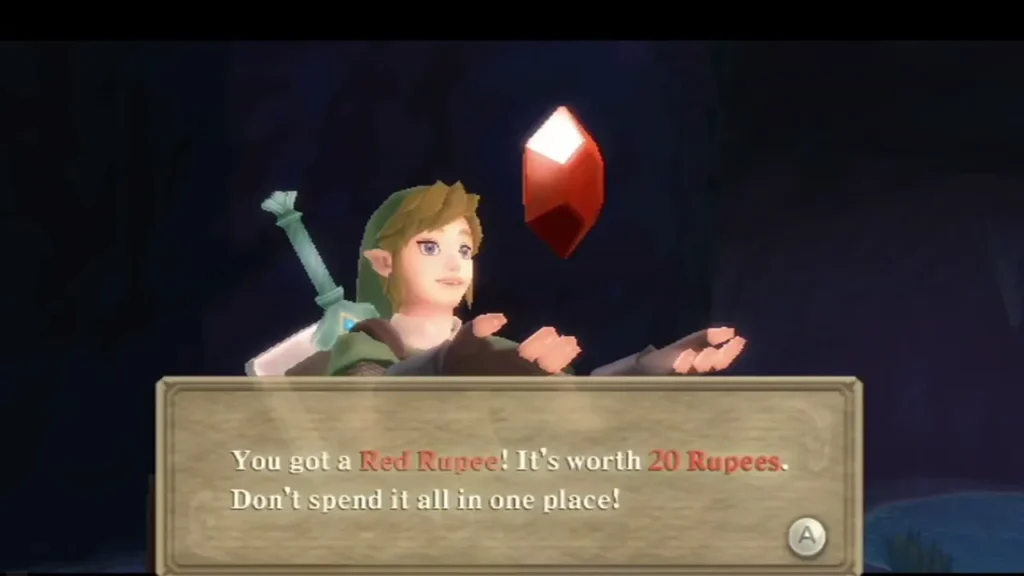 Link holds up a Red Rupee in a dark cave, and the box says it is worth 20 Rupees. Link holds up a Red Rupee in a dark cave, and the box says it is worth 20 Rupees.