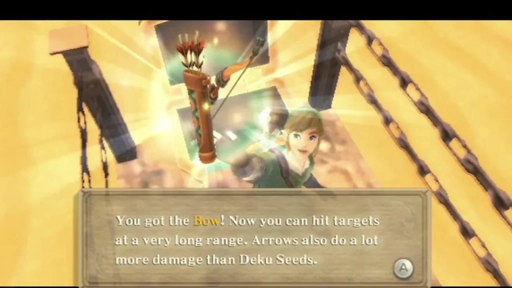 Link holds up the Bow on the Sandship chain bridge, with a box saying it hits targets at a very long range. Link holds up the Bow on the Sandship chain bridge, with a box saying it hits targets at a very long range.
