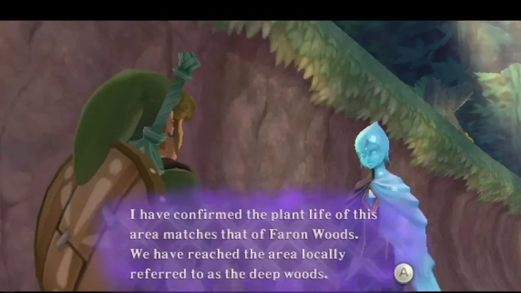 Fi tells Link in a rocky Deep Woods passage that the plant life matches Faron Woods. Fi tells Link in a rocky Deep Woods passage that the plant life matches Faron Woods.