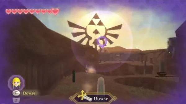 Dowsing marks a purple ring below a glowing Triforce above the Temple of Time gate in Lanayru Desert Dowsing marks a purple ring below a glowing Triforce above the Temple of Time gate in Lanayru Desert