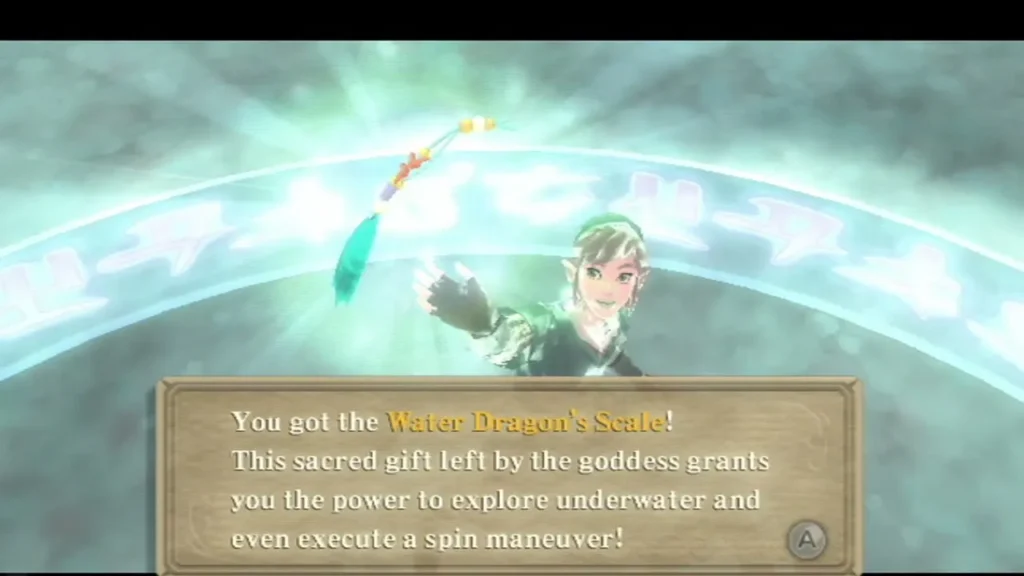 Link raises the Water Dragon's Scale, and its box says it lets him explore underwater and spin. Link raises the Water Dragon's Scale, and its box says it lets him explore underwater and spin.