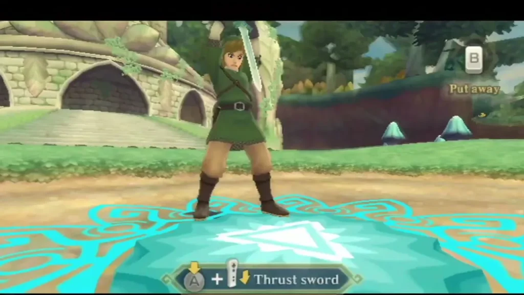 Link stands on a glowing trial mark on the Faron Woods ground, with a Thrust sword prompt on screen. Link stands on a glowing trial mark on the Faron Woods ground, with a Thrust sword prompt on screen.