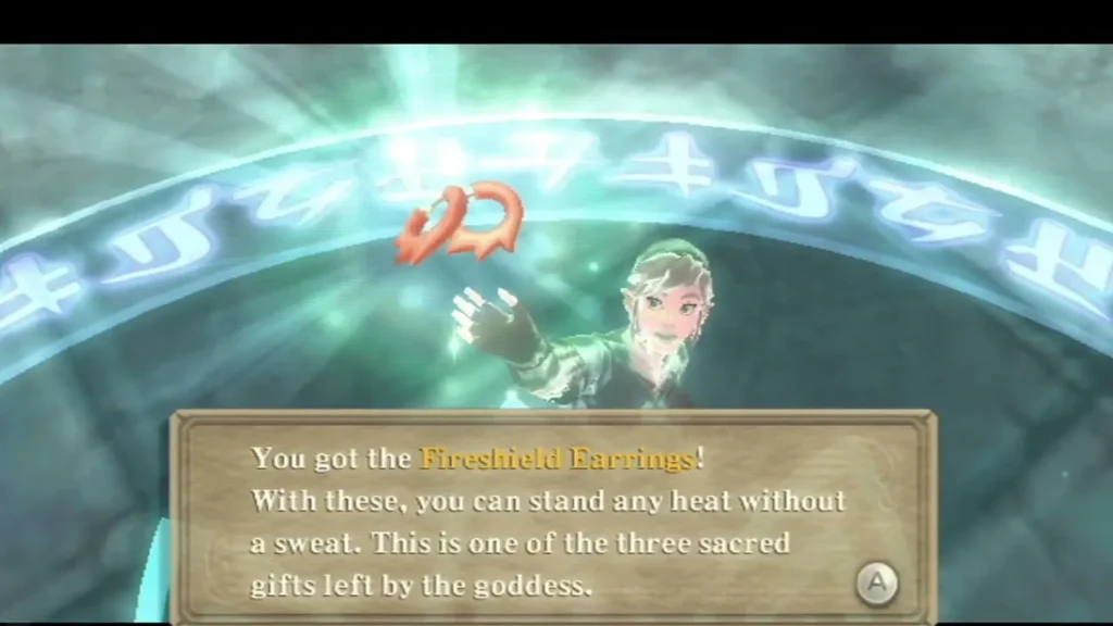 Link holds up the Fireshield Earrings, and the box says they let him stand any heat without a sweat. Link holds up the Fireshield Earrings, and the box says they let him stand any heat without a sweat.