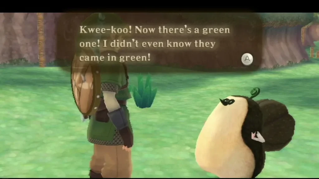 A green Kikwi with a leafy crest talks to Link in Faron Woods and says he did not know they came in green. A green Kikwi with a leafy crest talks to Link in Faron Woods and says he did not know they came in green.
