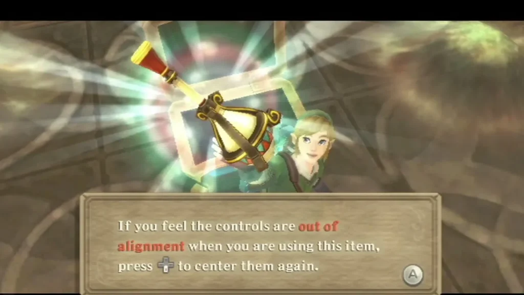Link holds up the Gust Bellows, with a box explaining how to re-center its controls if they feel out of alignment. Link holds up the Gust Bellows, with a box explaining how to re-center its controls if they feel out of alignment.