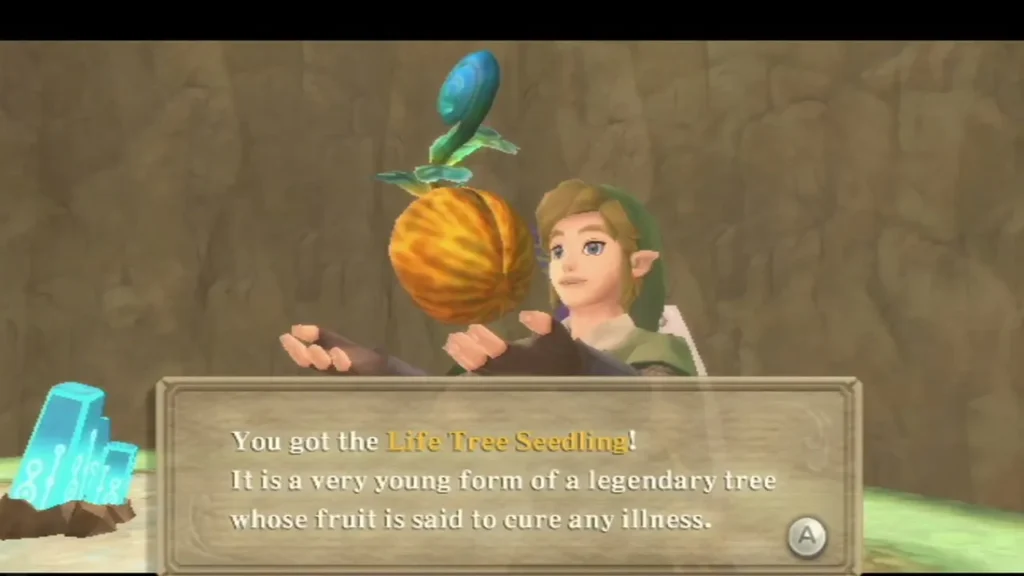 Link holds up the Life Tree Seedling beside a blue crystal, with its full pickup message on screen Link holds up the Life Tree Seedling beside a blue crystal, with its full pickup message on screen