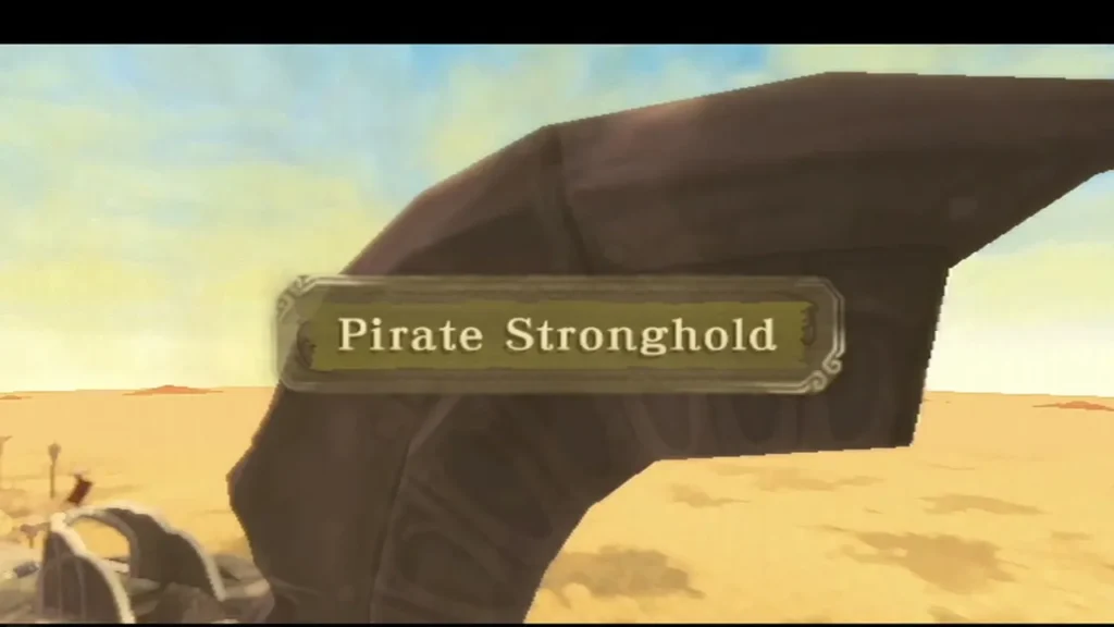 The Pirate Stronghold title banner sits over a dark curved rock wall rising from the desert sand. The Pirate Stronghold title banner sits over a dark curved rock wall rising from the desert sand.