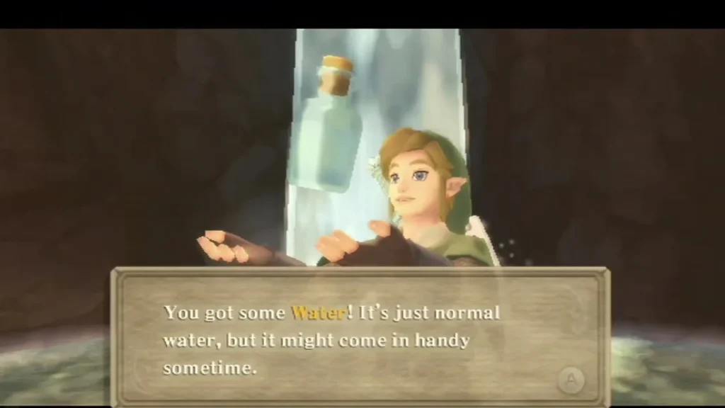 Link holds up a bottle of Water after filling it at a waterfall, with the message box on screen. Link holds up a bottle of Water after filling it at a waterfall, with the message box on screen.