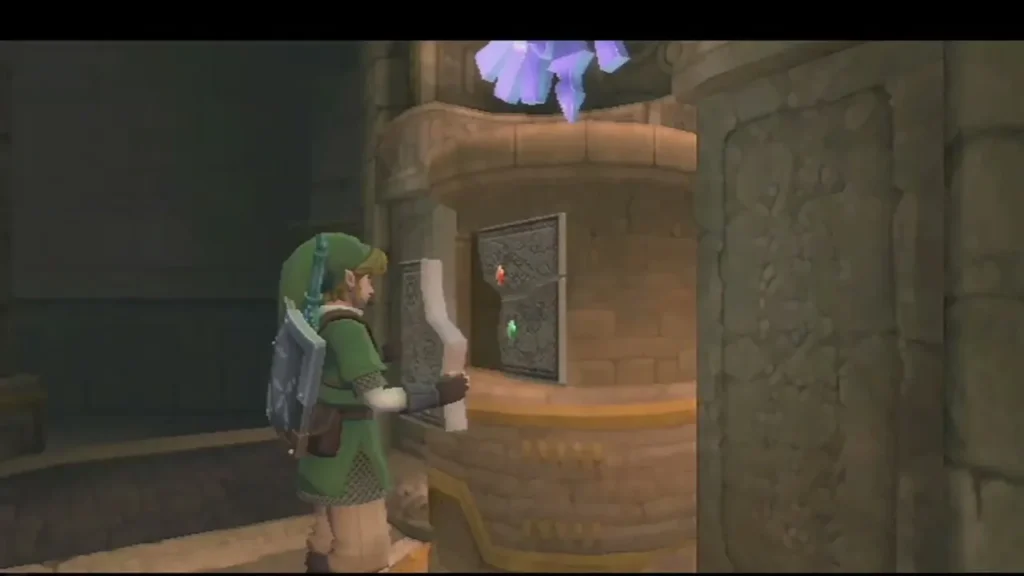 Link holds a stone tablet up to a carved slot in a stone wall beneath a purple crystal.