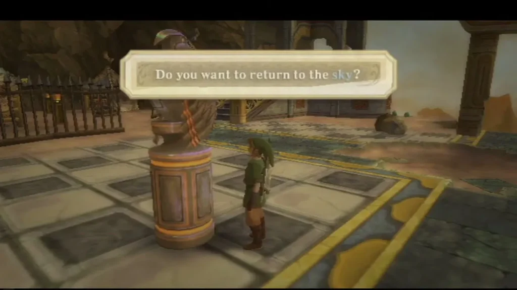 A message box asks whether Link wants to return to the sky, beside a bird statue at the temple entrance