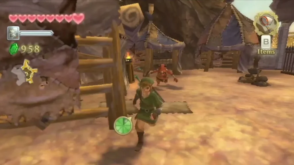 Link runs through the Bokoblin camp as a red Bokoblin chases him between the patched tents