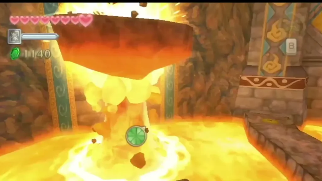 A Bomb Flower explodes beneath a huge boulder over the lava, and the boulder breaks apart.