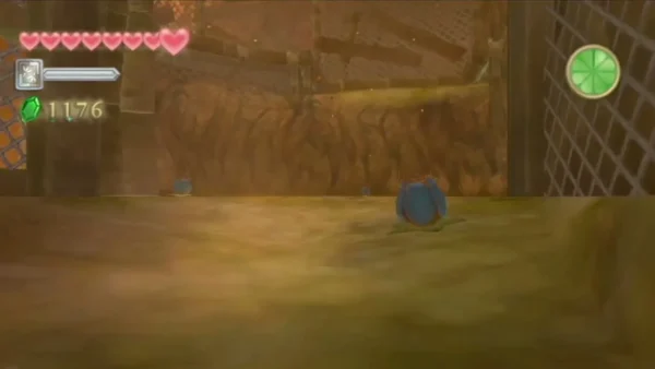 A blue Bomb Flower sits on the floor of a grated temple corridor