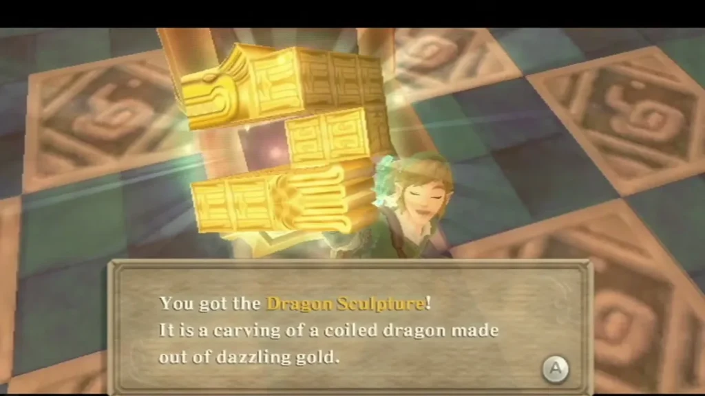 Link holds up the Dragon Sculpture, with its complete item box on screen