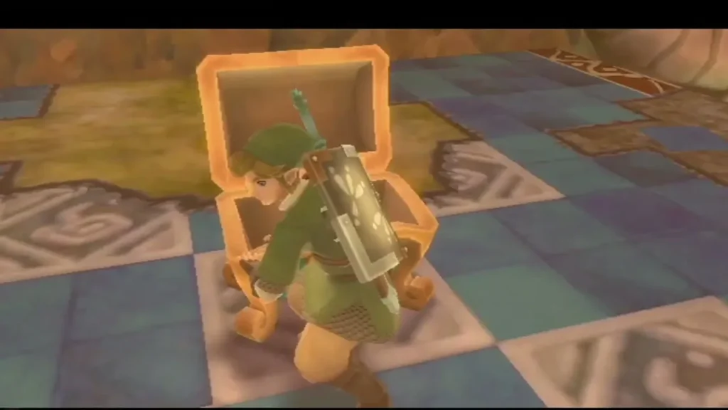 Link kneels beside an open golden chest on a checkered temple floor