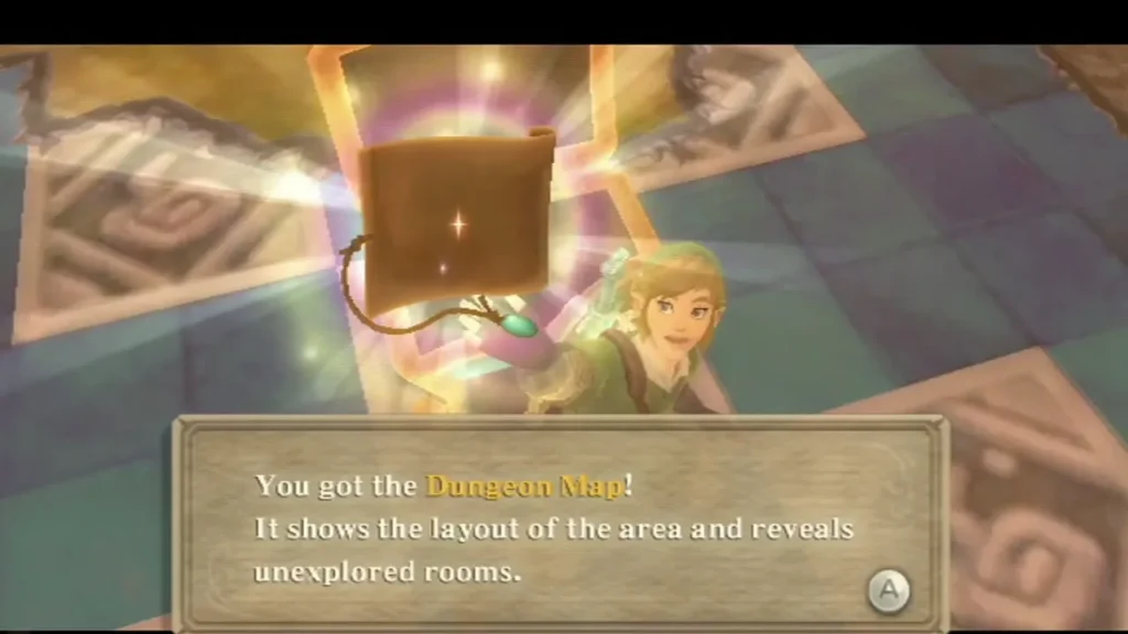 Link holds up the Dungeon Map beneath a box that explains what the map shows