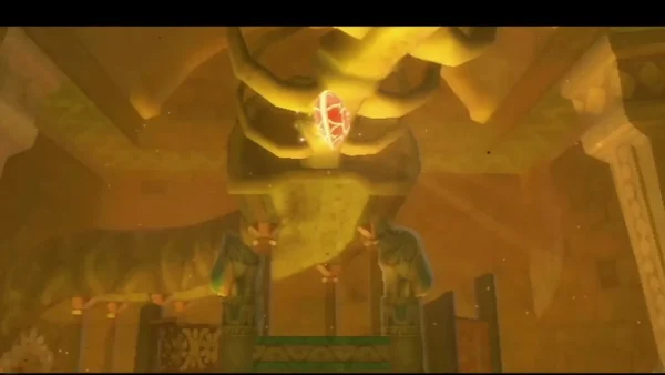 A Heart Container rises in a column of light in the temple after Scaldera falls