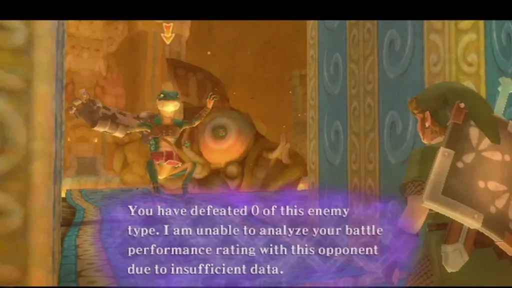 Link battles an iron-armed Lizalfos in the Earth Temple; a battle message says he has defeated none of this enemy.
