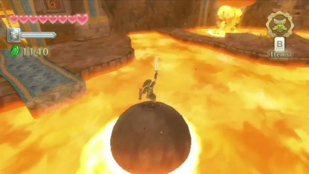 Link rides a large stone ball across the lava in the Earth Temple, balancing on top of it.