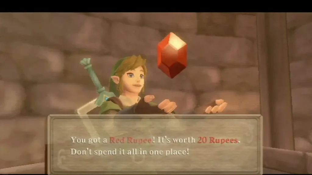 Link holds up a Red Rupee, and the box reads that it is worth 20 Rupees