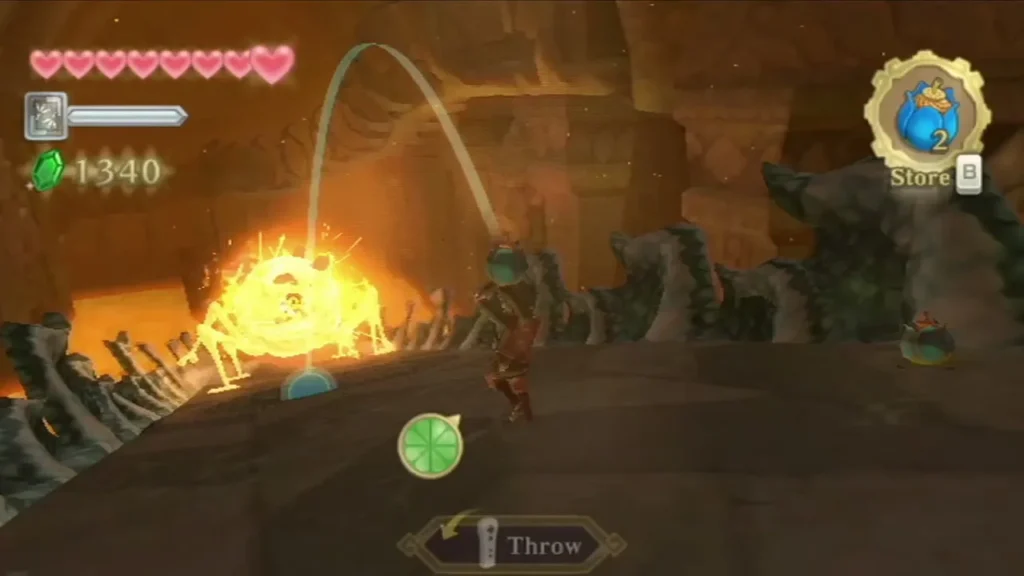 Link throws a bomb at Scaldera, the rock-shelled fiend, on the sloped bridge over the lava