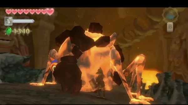 Scaldera's rocky shell and flaming legs fill the boss arena as Link fights it