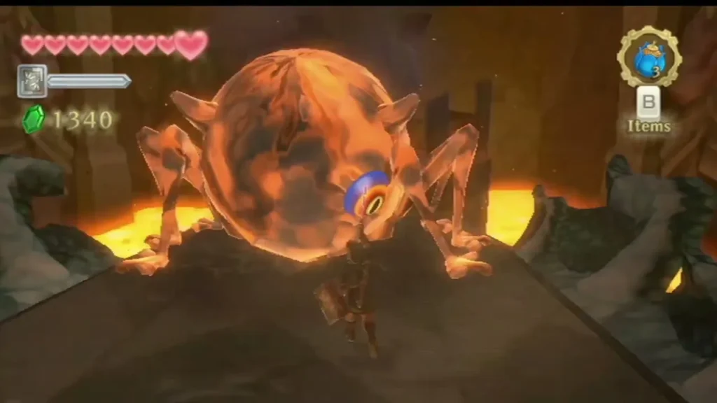 Scaldera with its eye exposed, facing Link on the sloped bridge above the lava