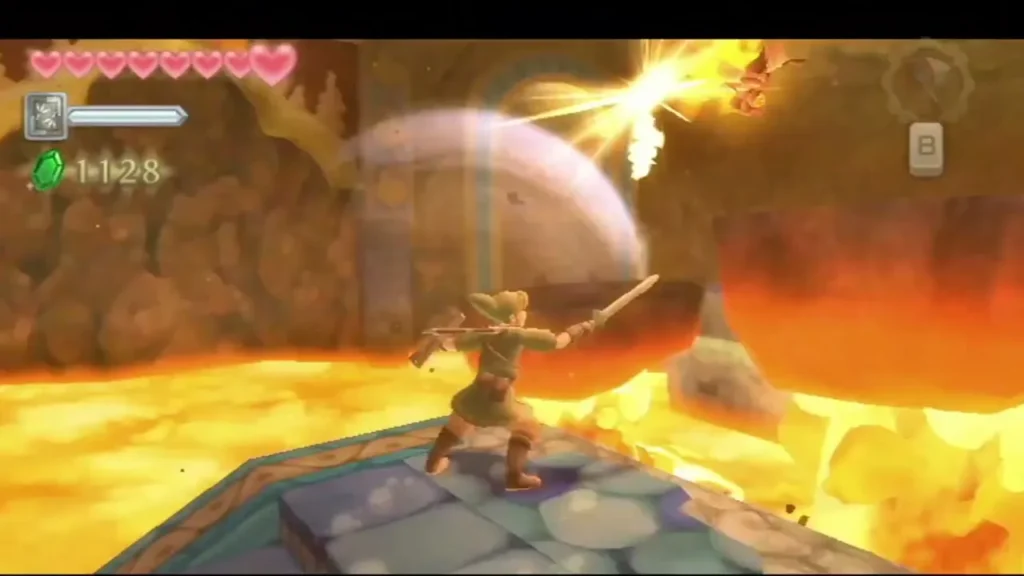 Link draws his Slingshot at a Bomb Flower in the lava, and the flower bursts into an explosion above him.