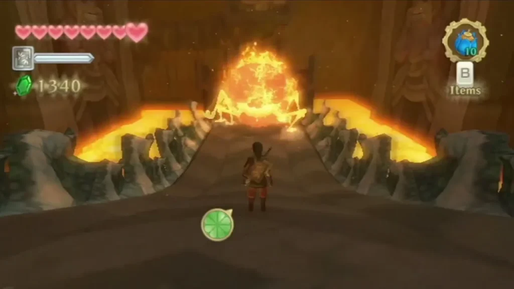 Link walks up the sloping boss arena edged with lava toward the fire at its far end