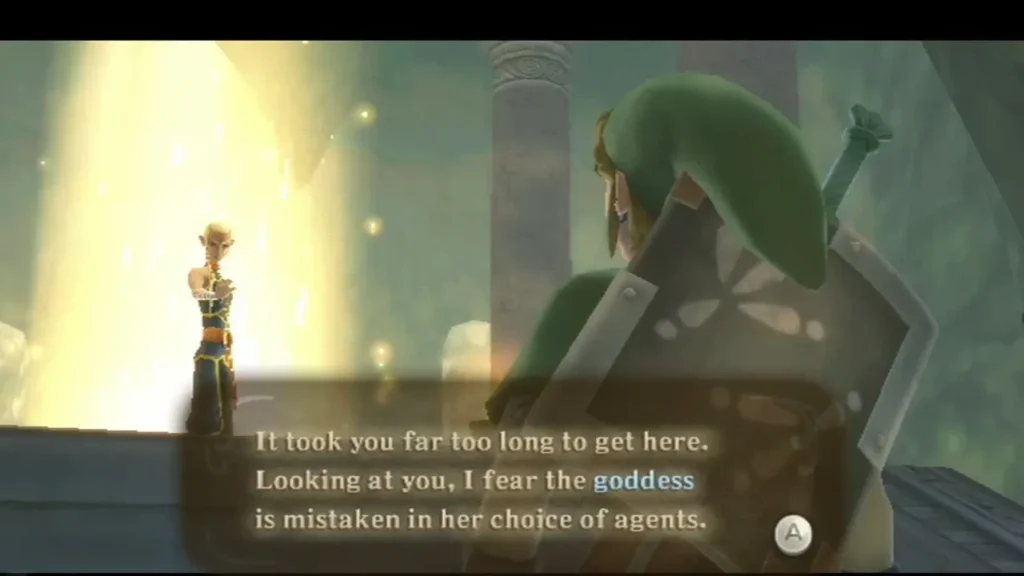 The spirit maiden in a shaft of light tells Link it took him far too long to get here