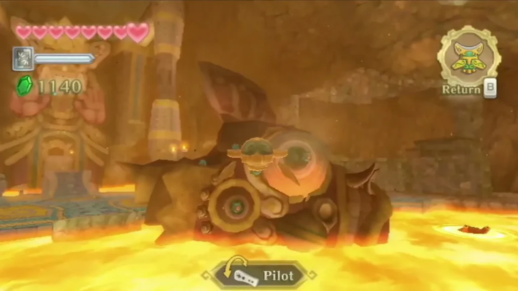 A large stone ball with bronze gears sits in the lava, and a Pilot prompt appears on screen.