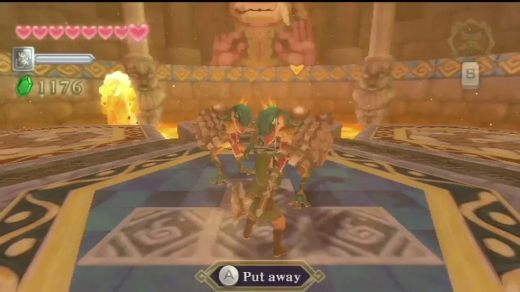 Two Lizalfos close in on Link together in the statue hall, beside the lava pillars.