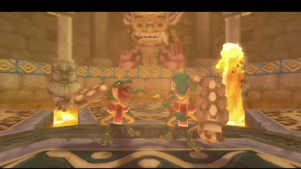 Two Lizalfos stand between flame pillars in the statue hall, with a carved stone face on the far wall.