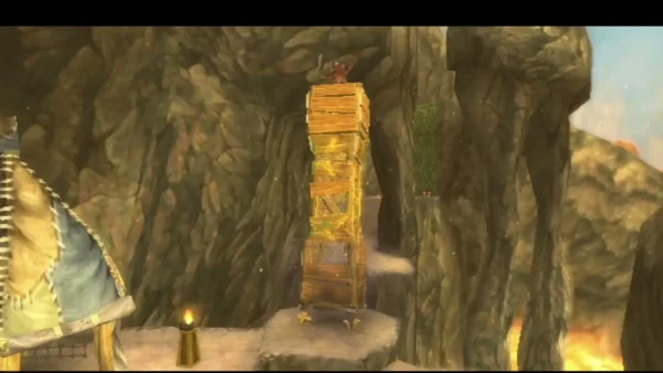 A red Bokoblin stands on top of a tall wooden watchtower on a rocky ledge beside a Bokoblin camp tent. A red Bokoblin stands on top of a tall wooden watchtower on a rocky ledge beside a Bokoblin camp tent.