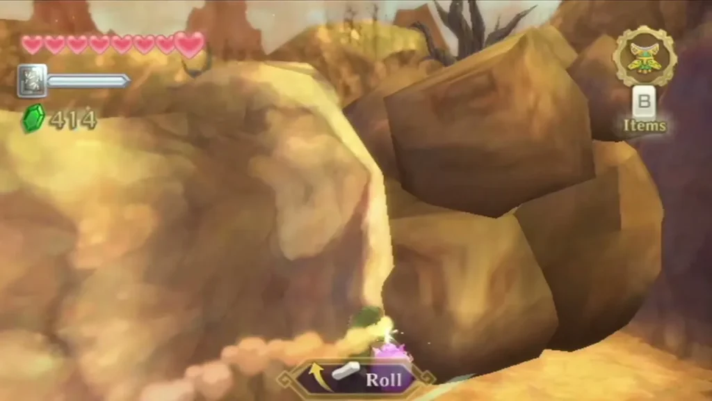 Link rolls a lit bomb flower toward a pile of large boulders blocking the path Link rolls a lit bomb flower toward a pile of large boulders blocking the path