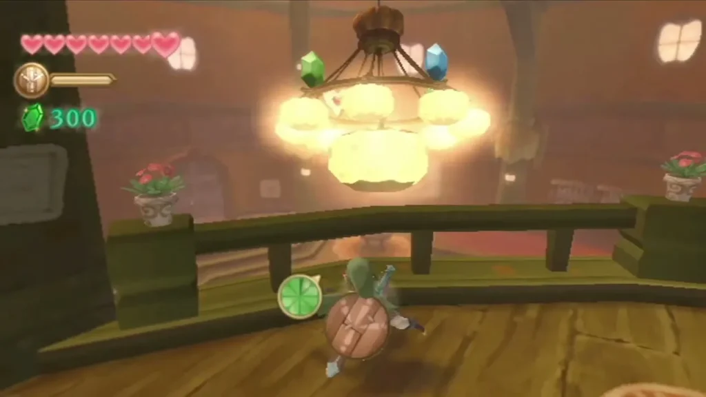 Link rolls along the balcony railing of the Lumpy Pumpkin, with the glowing chandelier hanging overhead. Link rolls along the balcony railing of the Lumpy Pumpkin, with the glowing chandelier hanging overhead.