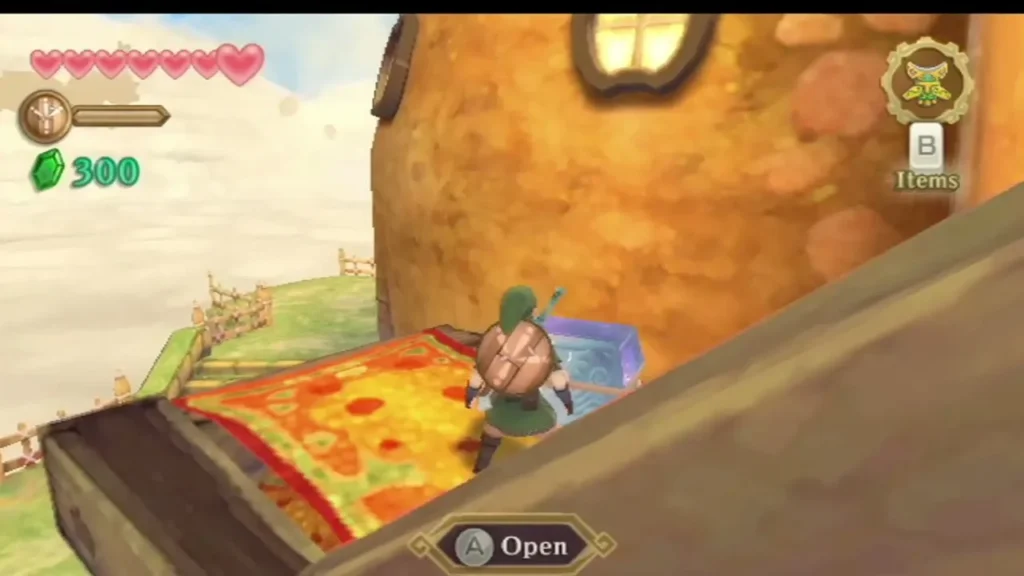 Link stands on the carpeted roof of the Lumpy Pumpkin beside a purple-swirled Goddess Chest with an Open prompt Link stands on the carpeted roof of the Lumpy Pumpkin beside a purple-swirled Goddess Chest with an Open prompt