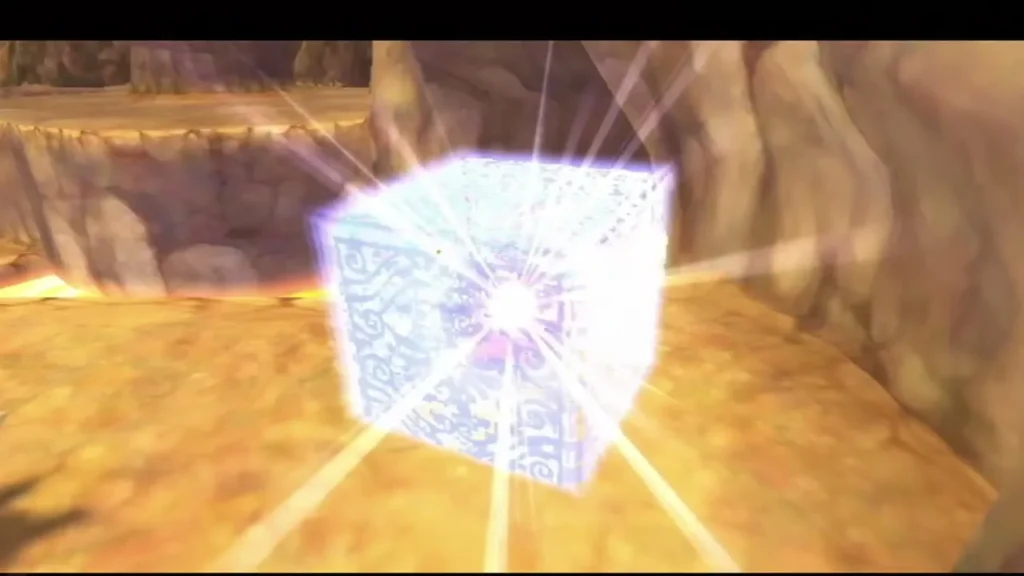 A Goddess Cube glows and bursts with light in a cave by the lava rim in Eldin Volcano. A Goddess Cube glows and bursts with light in a cave by the lava rim in Eldin Volcano.